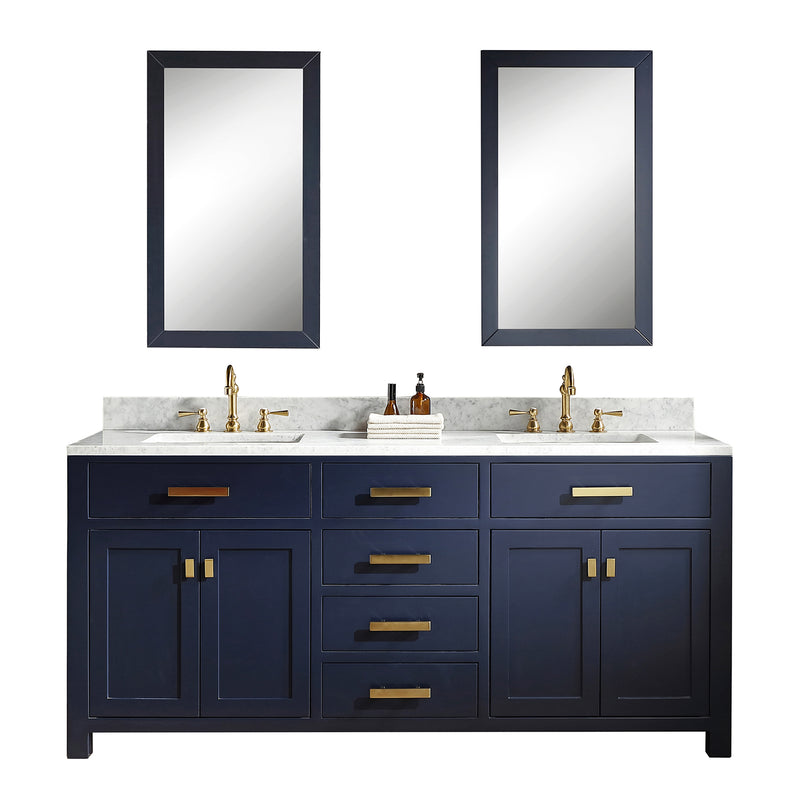 Water Creation Madison 72" Double Sink Carrara White Marble Vanity In Monarch Blue with Matching Mirror MS72CW06MB-R21000000