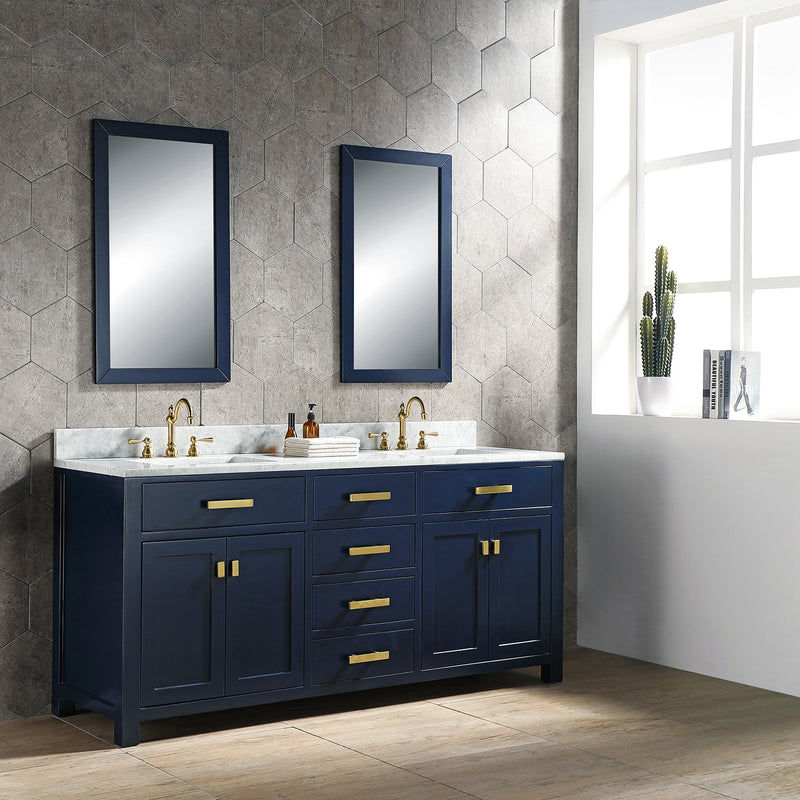 Water Creation Madison 72" Double Sink Carrara White Marble Vanity In Monarch Blue with Matching Mirror MS72CW06MB-R21000000