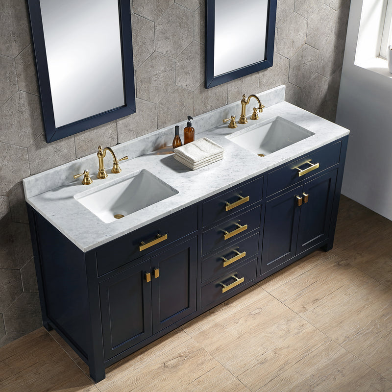 Water Creation Madison 72" Double Sink Carrara White Marble Vanity In Monarch Blue with F2-0012-06-TL Lavatory Faucet MS72CW06MB-000TL1206