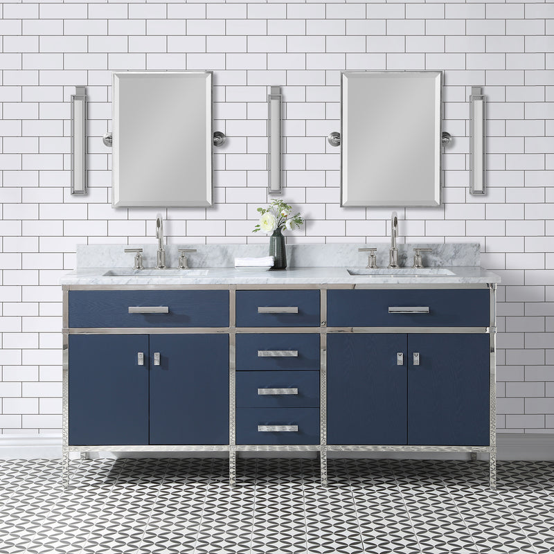 Water Creation Marquis 72" Double Sink Carrara White Marble Countertop Vanity in Monarch Blue with Hook Faucets MQ72CW01MB-000BL1401