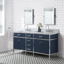 Water Creation Marquis 72" Double Sink Carrara White Marble Countertop Vanity in Monarch Blue with Hook Faucets MQ72CW01MB-000BL1401