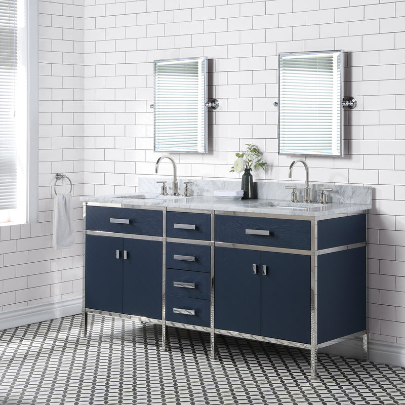 Water Creation Marquis 72" Double Sink Carrara White Marble Countertop Vanity in Monarch Blue with Hook Faucets MQ72CW01MB-000BL1401