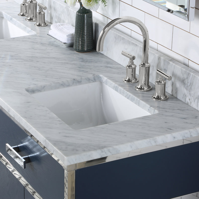 Water Creation Marquis 72" Double Sink Carrara White Marble Countertop Vanity in Monarch Blue with Hook Faucets and Mirrors MQ72CW01MB-E18BL1401