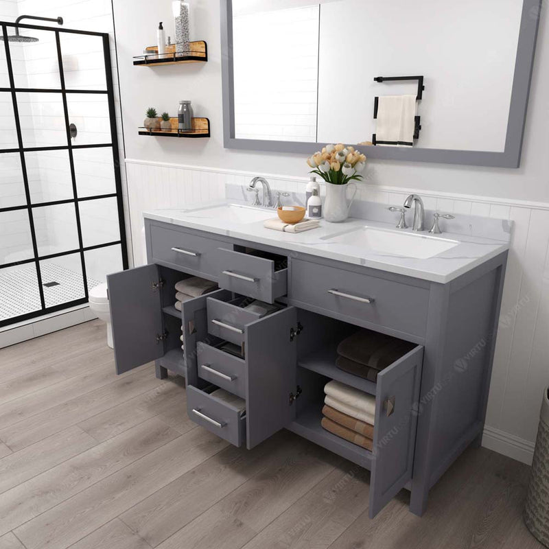 Modern Fittings Caroline 60" Double Bath Vanity with Calacatta Quartz Top and Square Sinks Faucets