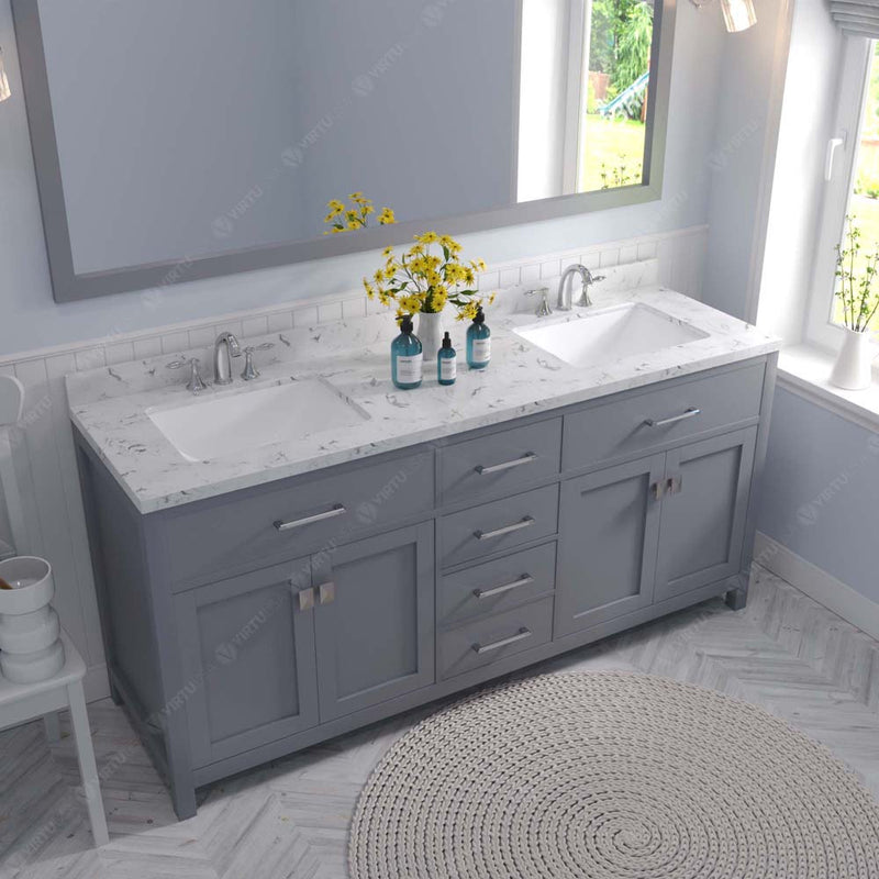 Modern Fittings Caroline 72" Double Bath Vanity with Cultured Marble Quartz Top and Square Sinks Faucets