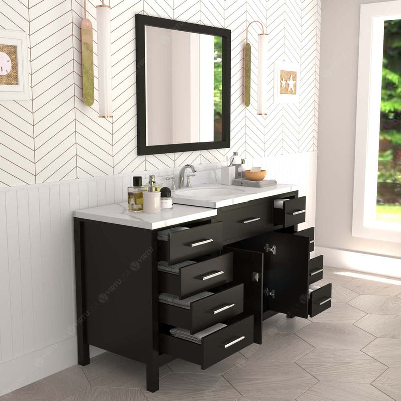 Modern Fittings Caroline Parkway 57" Single Bath Vanity with Calacatta Quartz Top and Round Sink with Faucet and Matching Mirror