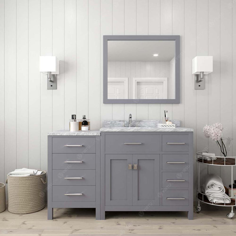 Modern Fittings Caroline Parkway 57" Single Bath Vanity with White Marble Top and Round Sink with Faucet and Matching Mirror