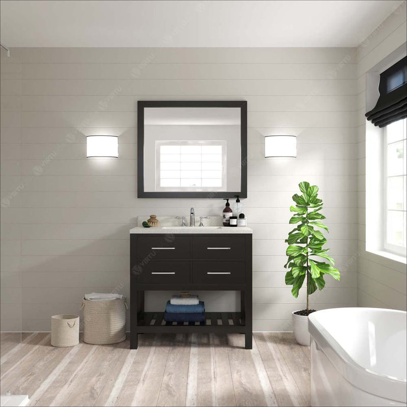 Modern Fittings Caroline Estate 36" Single Bath Vanity with White Quartz Top and Square Sink with Faucet and Matching Mirrors