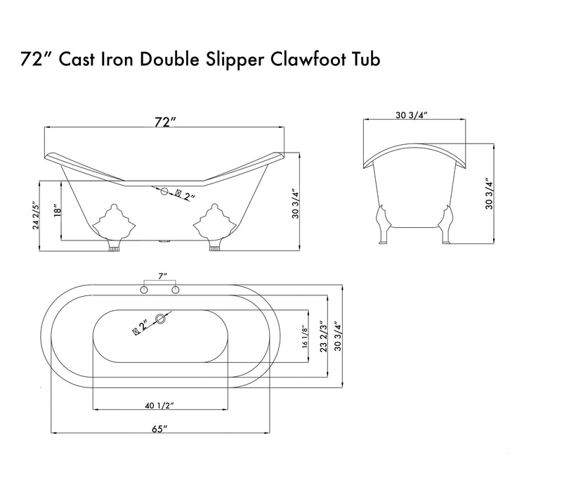 Cambridge Plumbing Cast Iron Double Ended Slipper Tub 71" x 30" 7" Drillings and BN Feet