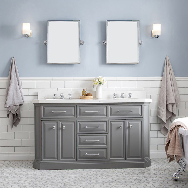 Water Creation 60" Palace Collection Quartz Carrara Cashmere Gray Bathroom Vanity Set with Hardware and F2-0009 Faucets Mirror in Chrome Finish PA60QZ01CG-E18BX0901