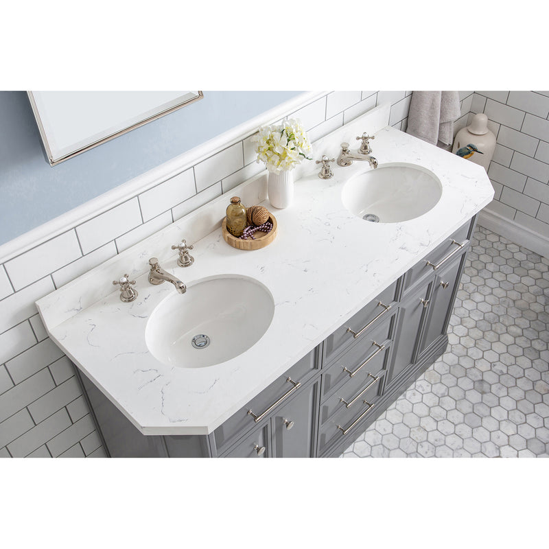 Water Creation 60" Palace Collection Quartz Carrara Cashmere Gray Bathroom Vanity Set with Hardware and F2-0009 Faucets in Polished Nickel PVD Finish PA60QZ05CG-000BX0905