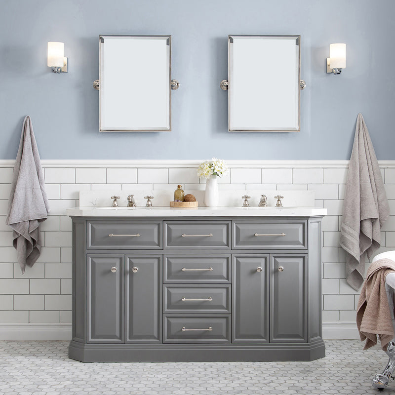 Water Creation 60" Palace Collection Quartz Carrara Cashmere Gray Bathroom Vanity Set with Hardware and F2-0009 Faucets Mirror in Polished Nickel PVD Finish PA60QZ05CG-E18BX0905