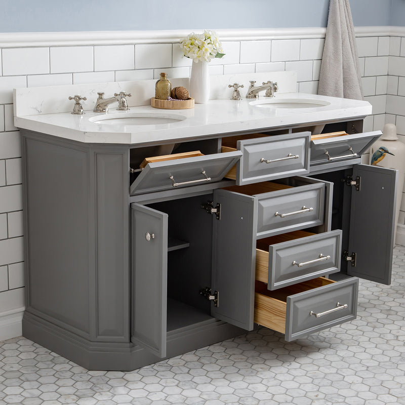 Water Creation 60" Palace Collection Quartz Carrara Cashmere Gray Bathroom Vanity Set with Hardware in Polished Nickel PVD Finish PA60QZ05CG-000000000