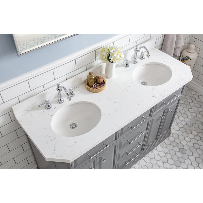 Water Creation 60" Palace Collection Quartz Carrara Cashmere Gray Bathroom Vanity Set with Hardware and F2-0012 Faucets in Chrome Finish PA60QZ01CG-000TL1201