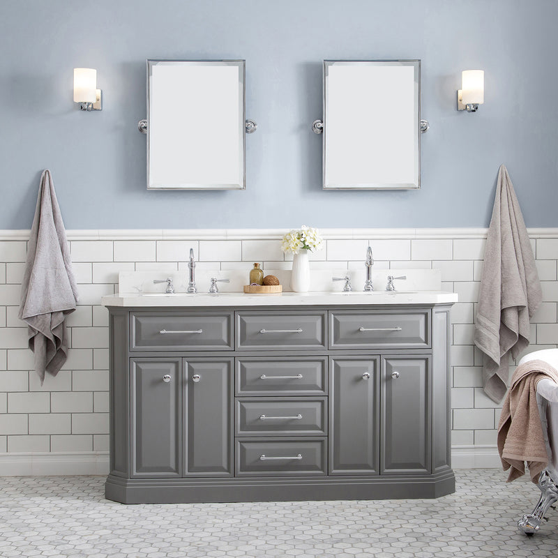 Water Creation 60" Palace Collection Quartz Carrara Cashmere Gray Bathroom Vanity Set with Hardware and F2-0012 Faucets in Chrome Finish PA60QZ01CG-000TL1201