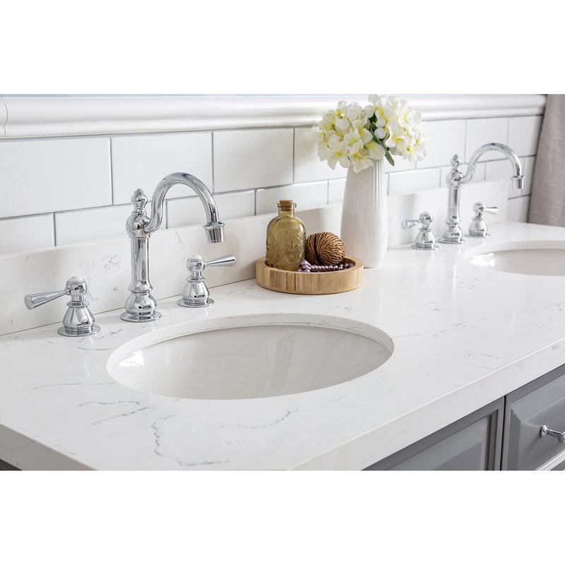 Water Creation 60" Palace Collection Quartz Carrara Cashmere Gray Bathroom Vanity Set with Hardware and F2-0012 Faucets Mirror in Chrome Finish PA60QZ01CG-E18TL1201