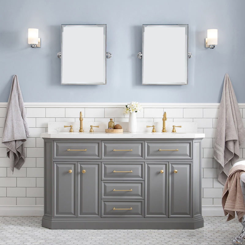 Water Creation 60" Palace Collection Quartz Carrara Cashmere Gray Bathroom Vanity Set with Hardware and F2-0012 Faucets in Satin Gold Finish and Only Mirrors in Chrome Finish PA60QZ06CG-E18TL1206