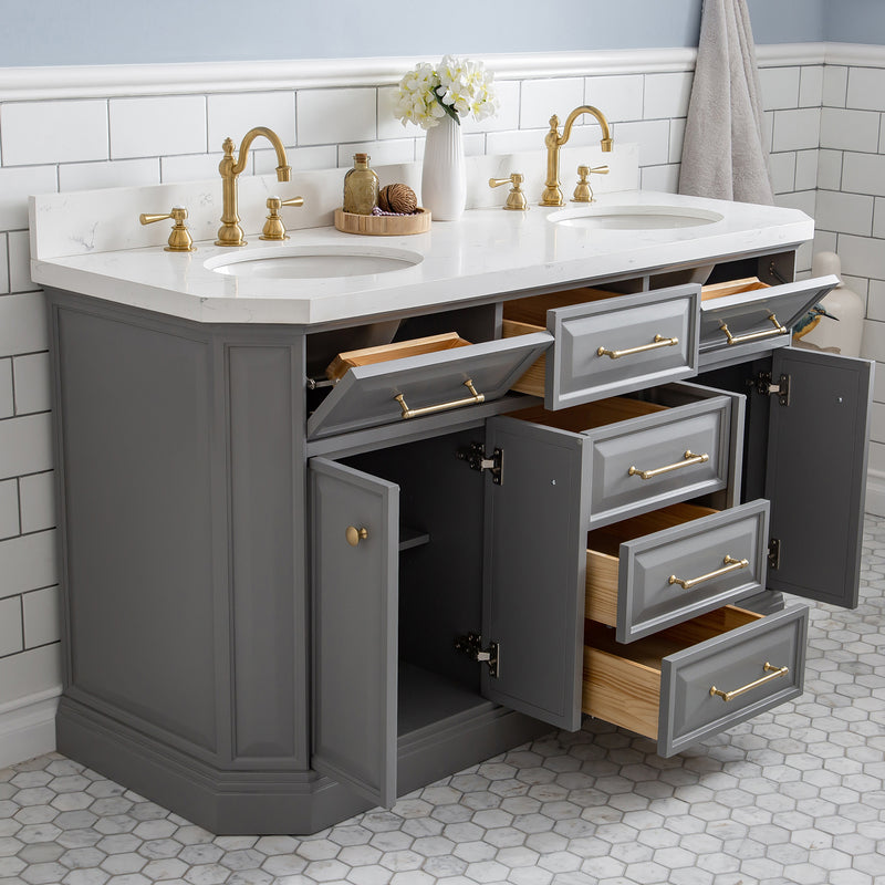 Water Creation 60" Palace Collection Quartz Carrara Cashmere Gray Bathroom Vanity Set with Hardware in Satin Gold Finish and Only Mirrors in Chrome Finish PA60QZ06CG-000000000