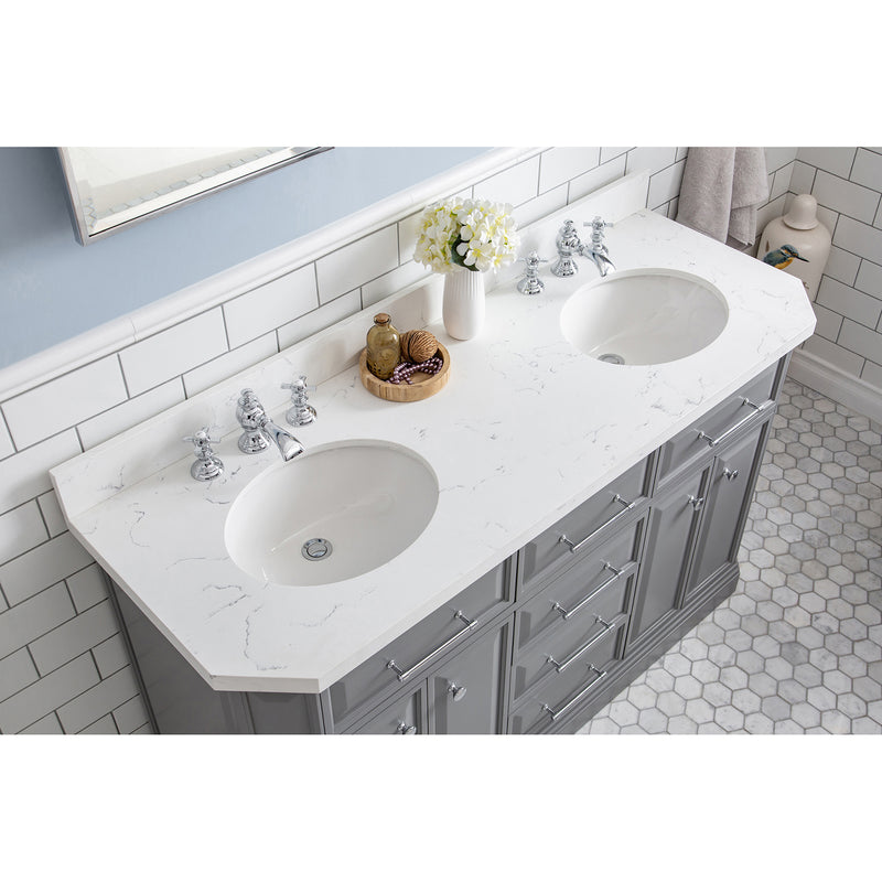 Water Creation 60" Palace Collection Quartz Carrara Cashmere Gray Bathroom Vanity Set with Hardware and F2-0013 Faucets in Chrome Finish PA60QZ01CG-000FX1301