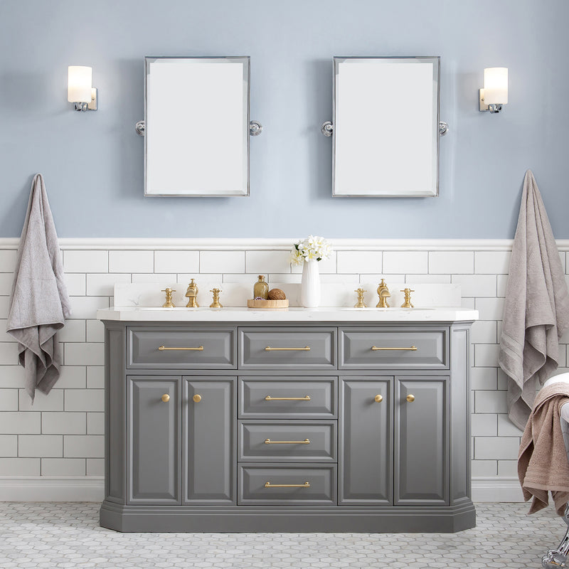 Water Creation 60" Palace Collection Quartz Carrara Cashmere Gray Bathroom Vanity Set with Hardware and F2-0013 Faucets in Satin Gold Finish and Only Mirrors in Chrome Finish PA60QZ06CG-E18FX1306