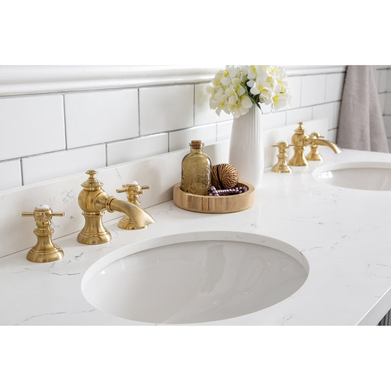 Water Creation 60" Palace Collection Quartz Carrara Cashmere Gray Bathroom Vanity Set with Hardware and F2-0013 Faucets in Satin Gold Finish and Only Mirrors in Chrome Finish PA60QZ06CG-E18FX1306