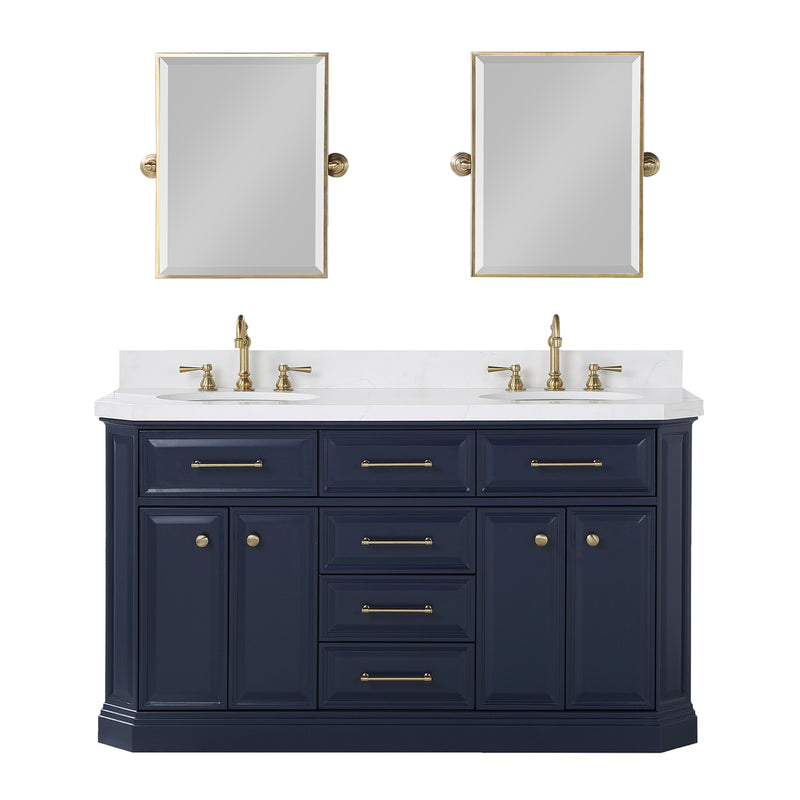 Water Creation Palace 60" Double Sink White Quartz Countertop Vanity in Monarch Blue and Mirrors PA60QZ06MB-E18000000