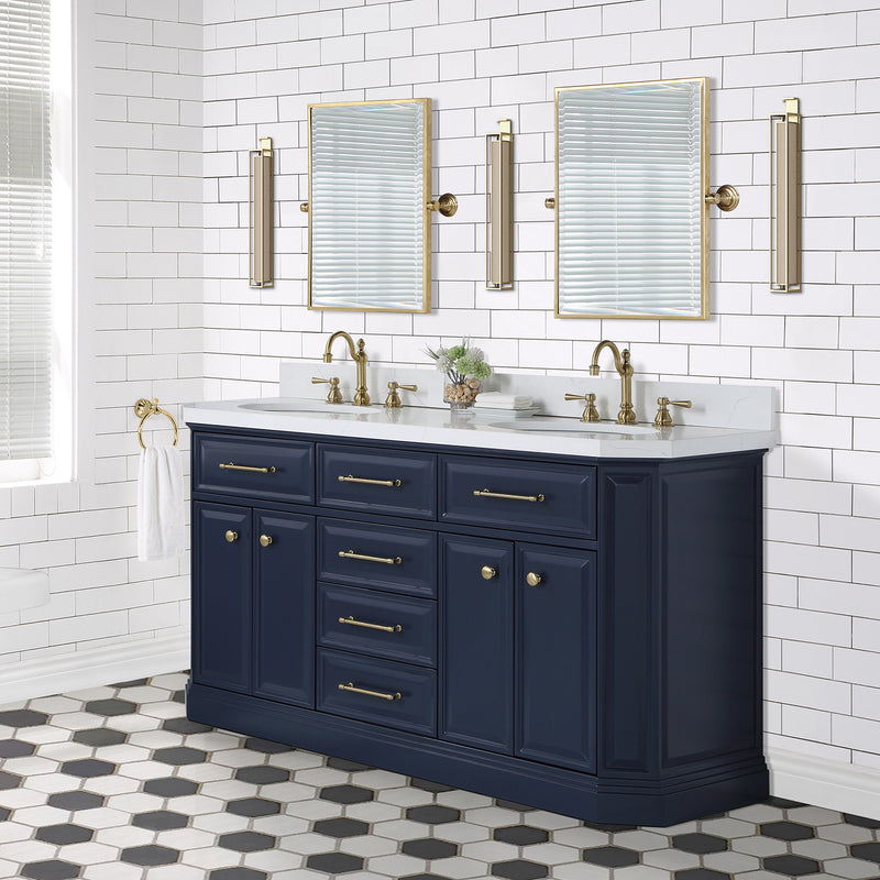 Water Creation Palace 60" Double Sink White Quartz Countertop Vanity in Monarch Blue PA60QZ06MB-000000000