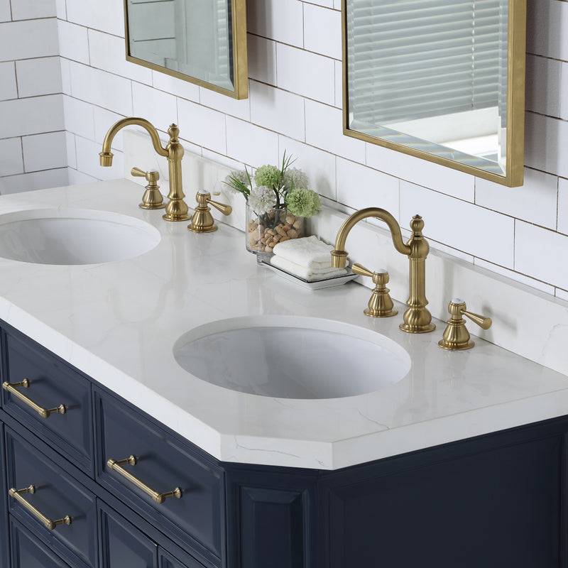 Water Creation Palace 60" Double Sink White Quartz Countertop Vanity in Monarch Blue with Hook Faucets PA60QZ06MB-000TL1206