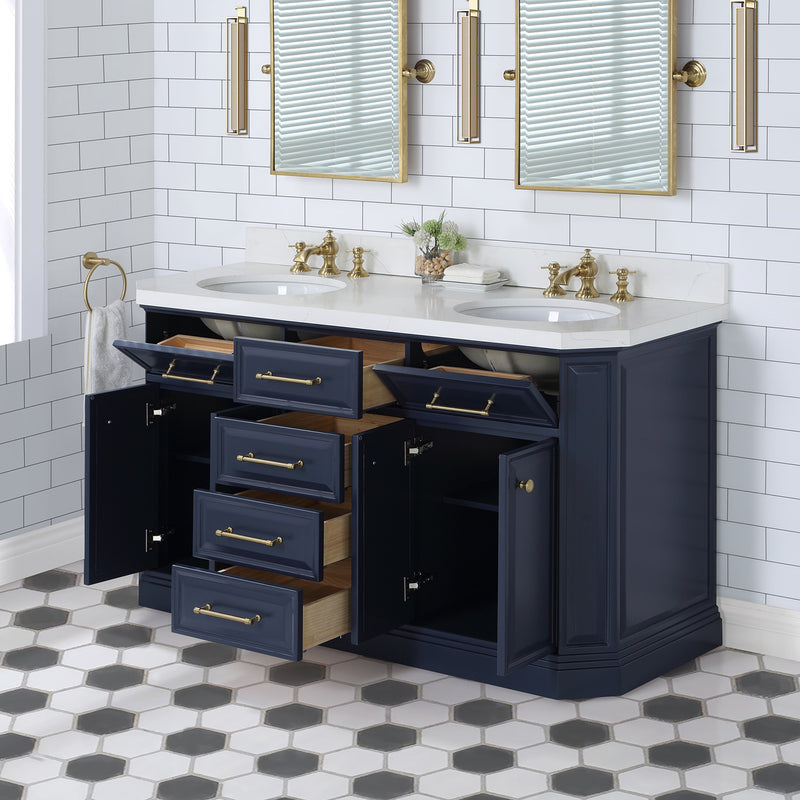 Water Creation Palace 60" Double Sink White Quartz Countertop Vanity in Monarch Blue with Waterfall Faucets PA60QZ06MB-000FX1306