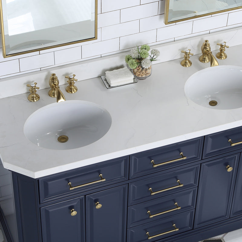 Water Creation Palace 60" Double Sink White Quartz Countertop Vanity in Monarch Blue with Waterfall Faucets PA60QZ06MB-000FX1306