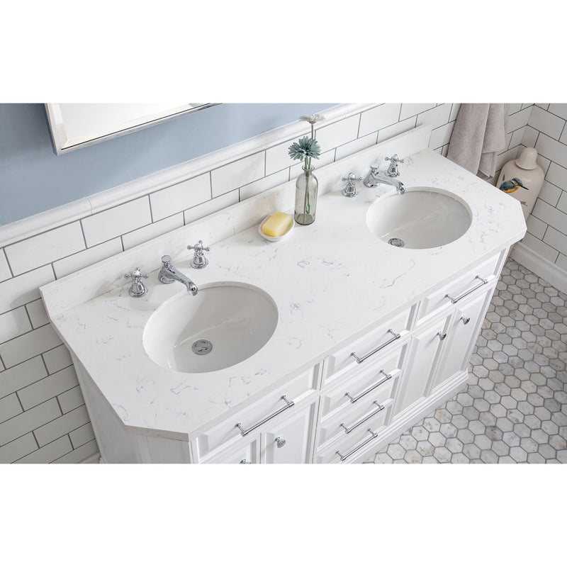 Water Creation 60" Palace Collection Quartz Carrara Pure White Bathroom Vanity Set with Hardware and F2-0009 Faucets Mirror in Chrome Finish PA60QZ01PW-E18BX0901