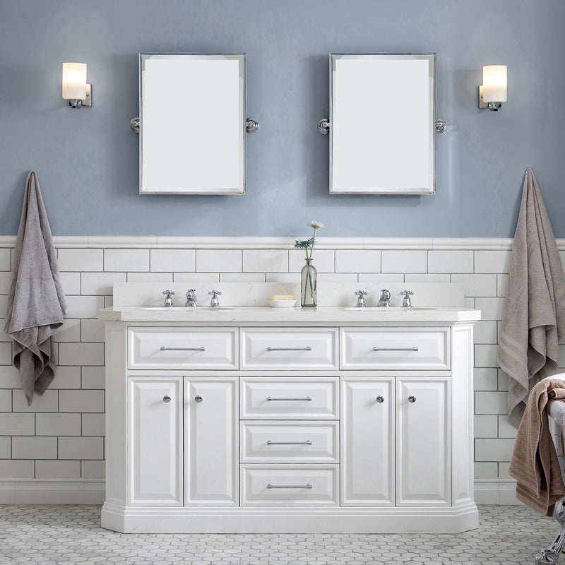 Water Creation 60" Palace Collection Quartz Carrara Pure White Bathroom Vanity Set with Hardware and F2-0009 Faucets Mirror in Chrome Finish PA60QZ01PW-E18BX0901