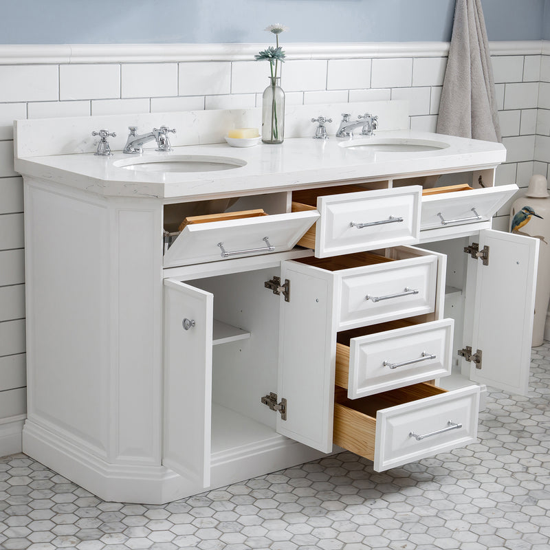 Water Creation 60" Palace Collection Quartz Carrara Pure White Bathroom Vanity Set with Hardware in Chrome Finish PA60QZ01PW-000000000