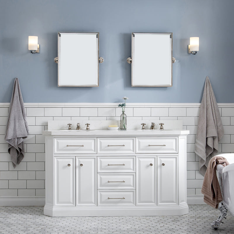 Water Creation 60" Palace Collection Quartz Carrara Pure White Bathroom Vanity Set with Hardware in Polished Nickel PVD Finish PA60QZ05PW-000000000