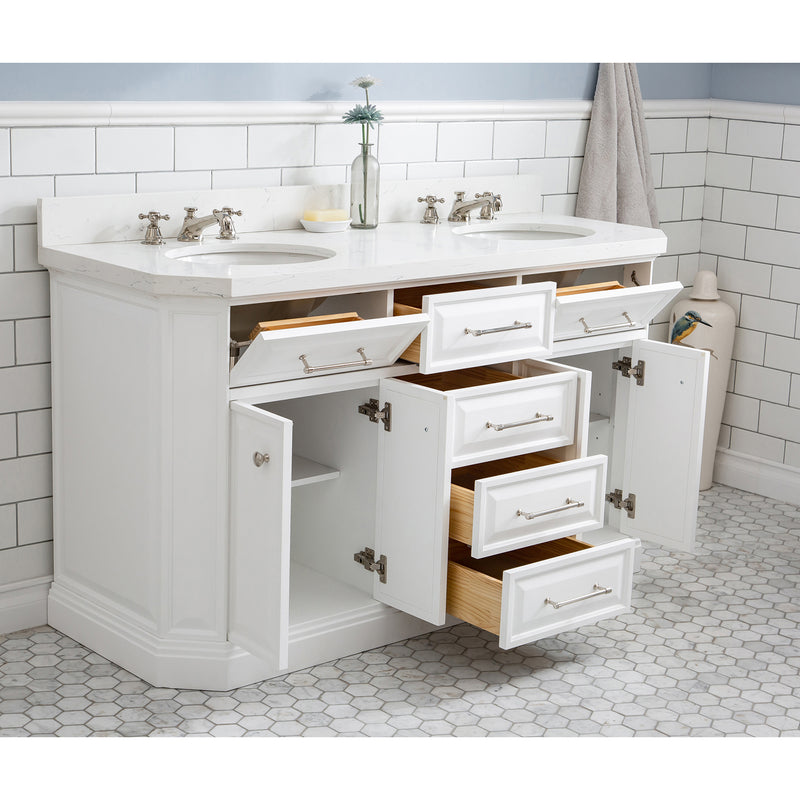 Water Creation 60" Palace Collection Quartz Carrara Pure White Bathroom Vanity Set with Hardware and F2-0009 Faucets in Polished Nickel PVD Finish PA60QZ05PW-000BX0905