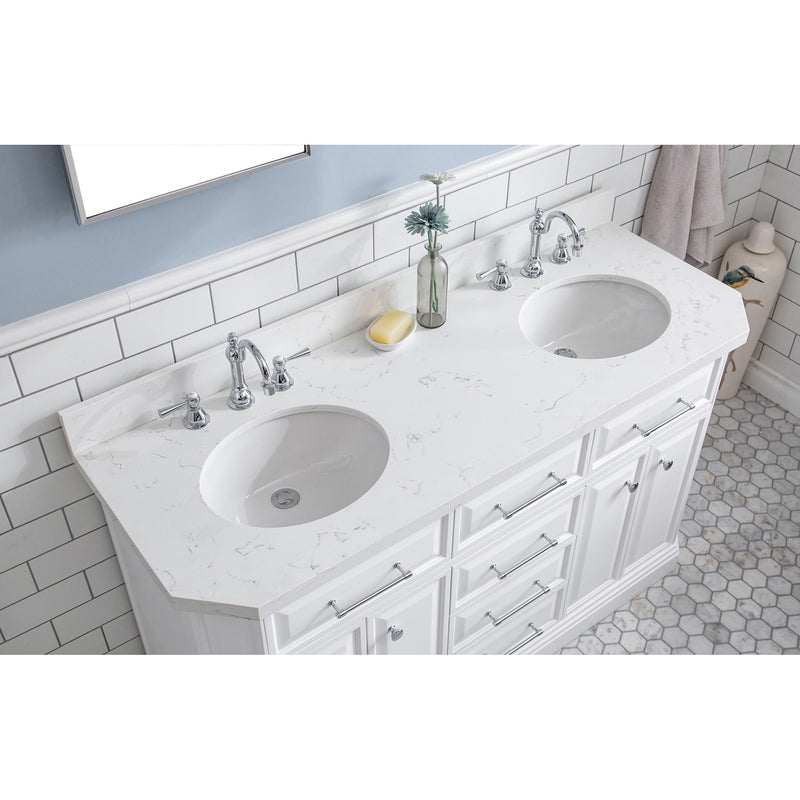 Water Creation 60" Palace Collection Quartz Carrara Pure White Bathroom Vanity Set with Hardware and F2-0012 Faucets Mirror in Chrome Finish PA60QZ01PW-E18TL1201