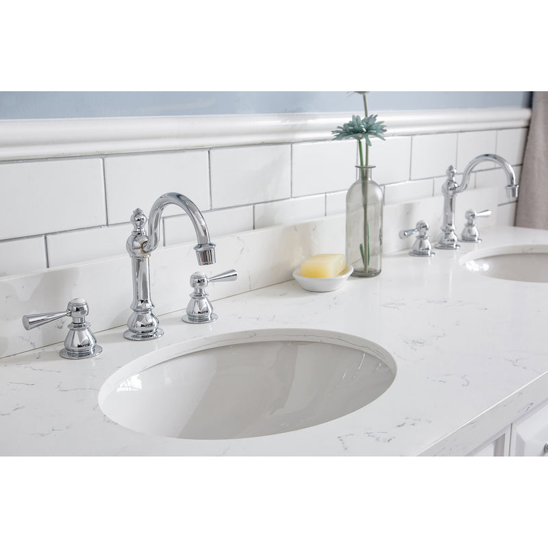 Water Creation 60" Palace Collection Quartz Carrara Pure White Bathroom Vanity Set with Hardware and F2-0012 Faucets Mirror in Chrome Finish PA60QZ01PW-E18TL1201