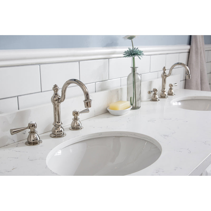 Water Creation 60" Palace Collection Quartz Carrara Pure White Bathroom Vanity Set with Hardware and F2-0012 Faucets Mirror in Polished Nickel PVD Finish PA60QZ05PW-E18TL1205