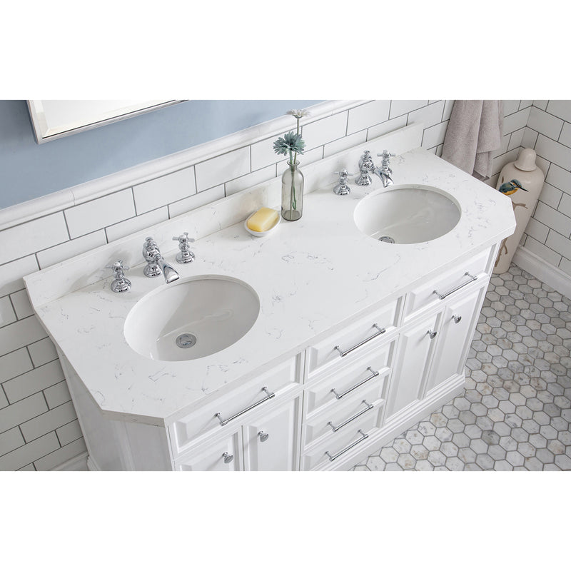 Water Creation 60" Palace Collection Quartz Carrara Pure White Bathroom Vanity Set with Hardware and F2-0013 Faucets in Chrome Finish PA60QZ01PW-000FX1301