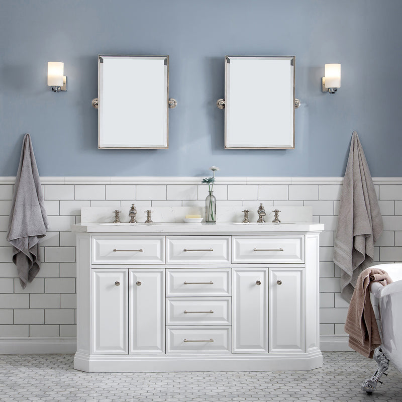 Water Creation 60" Palace Collection Quartz Carrara Pure White Bathroom Vanity Set with Hardware and F2-0013 Faucets Mirror in Polished Nickel PVD Finish PA60QZ05PW-E18FX1305