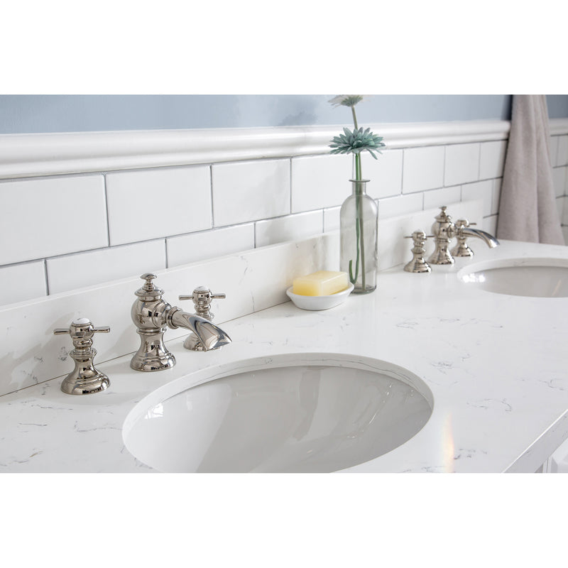 Water Creation 60" Palace Collection Quartz Carrara Pure White Bathroom Vanity Set with Hardware and F2-0013 Faucets Mirror in Polished Nickel PVD Finish PA60QZ05PW-E18FX1305