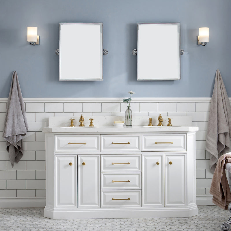 Water Creation 60" Palace Collection Quartz Carrara Pure White Bathroom Vanity Set with Hardware and F2-0013 Faucets in Satin Gold Finish and Only Mirrors in Chrome Finish PA60QZ06PW-000FX1306