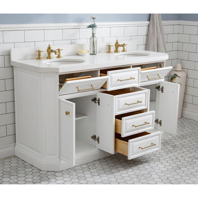 Water Creation 60" Palace Collection Quartz Carrara Pure White Bathroom Vanity Set with Hardware and F2-0013 Faucets in Satin Gold Finish and Only Mirrors in Chrome Finish PA60QZ06PW-000FX1306