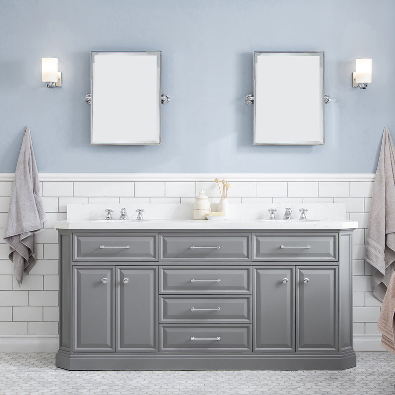 Water Creation 72" Palace Collection Quartz Carrara Cashmere Gray Bathroom Vanity Set with Hardware and F2-0009 Faucets in Chrome Finish PA72QZ01CG-000BX0901