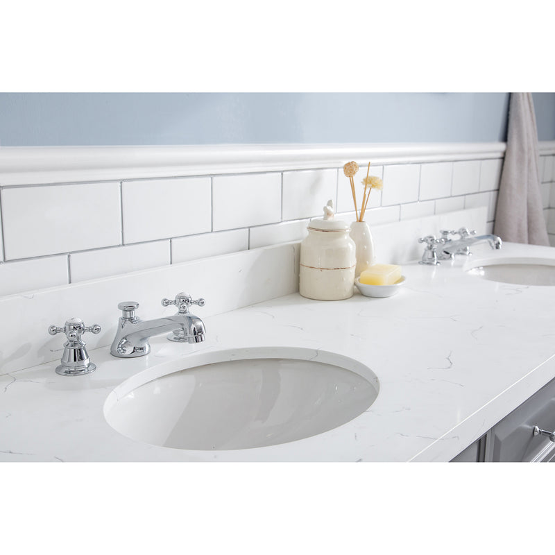 Water Creation 72" Palace Collection Quartz Carrara Cashmere Gray Bathroom Vanity Set with Hardware and F2-0009 Faucets Mirror in Chrome Finish PA72QZ01CG-E18BX0901