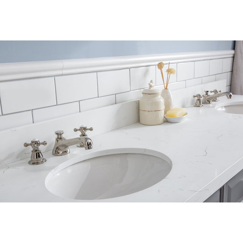 Water Creation 72" Palace Collection Quartz Carrara Cashmere Gray Bathroom Vanity Set with Hardware and F2-0009 Faucets Mirror in Polished Nickel PVD Finish PA72QZ05CG-E18BX0905