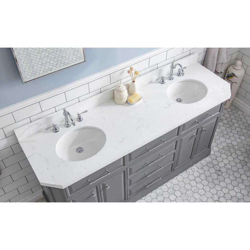 Water Creation 72" Palace Collection Quartz Carrara Cashmere Gray Bathroom Vanity Set with Hardware and F2-0012 Faucets Mirror in Chrome Finish PA72QZ01CG-E18TL1201