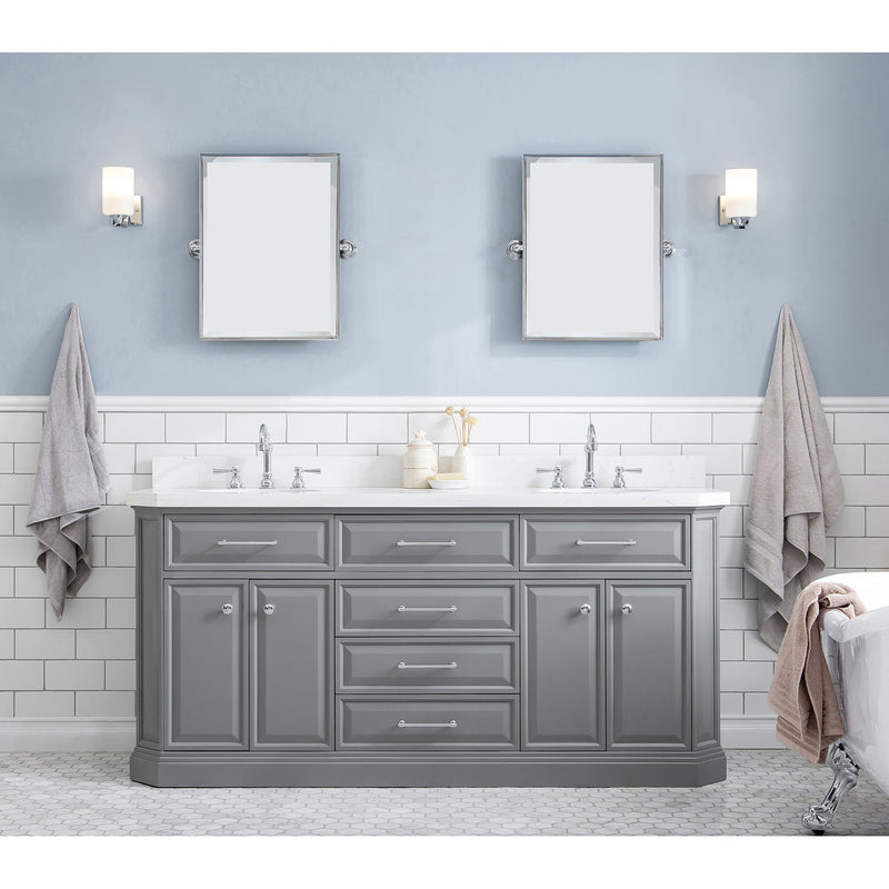 Water Creation 72" Palace Collection Quartz Carrara Cashmere Gray Bathroom Vanity Set with Hardware and F2-0012 Faucets in Chrome Finish PA72QZ01CG-000TL1201