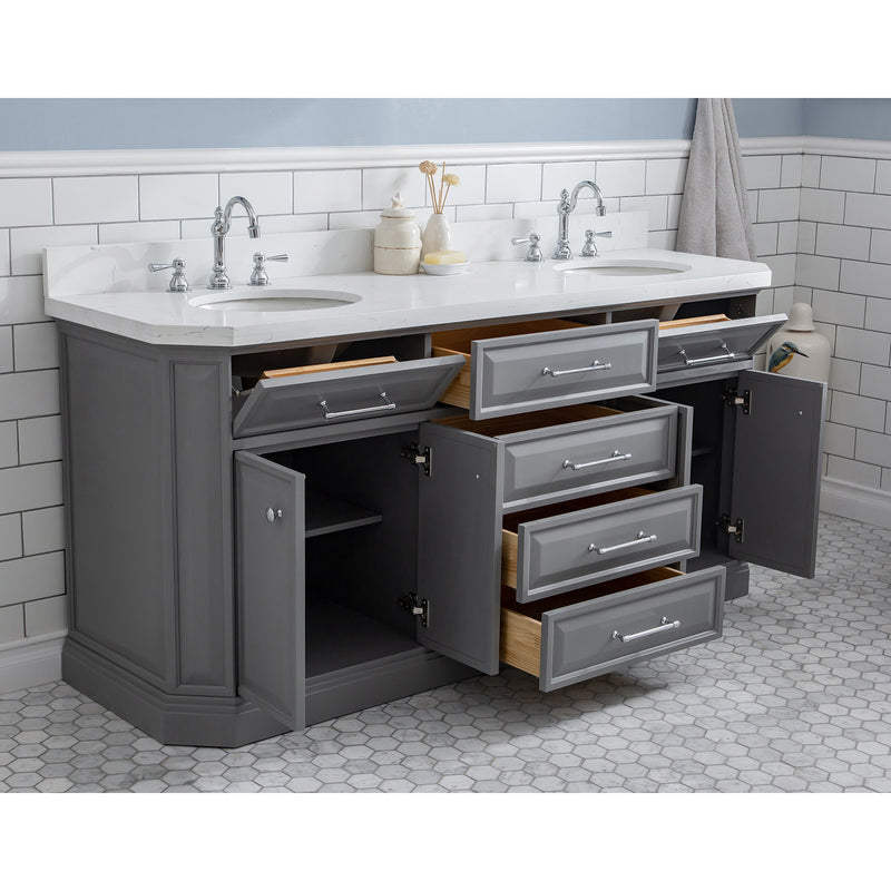 Water Creation 72" Palace Collection Quartz Carrara Cashmere Gray Bathroom Vanity Set with Hardware and F2-0012 Faucets in Chrome Finish PA72QZ01CG-000TL1201