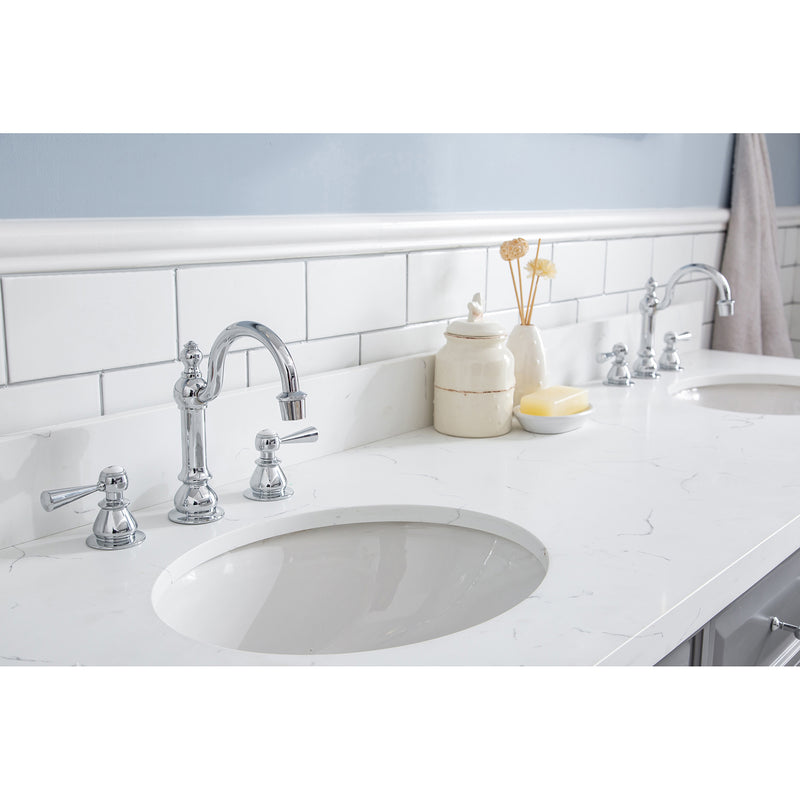 Water Creation 72" Palace Collection Quartz Carrara Cashmere Gray Bathroom Vanity Set with Hardware and F2-0012 Faucets in Chrome Finish PA72QZ01CG-000TL1201